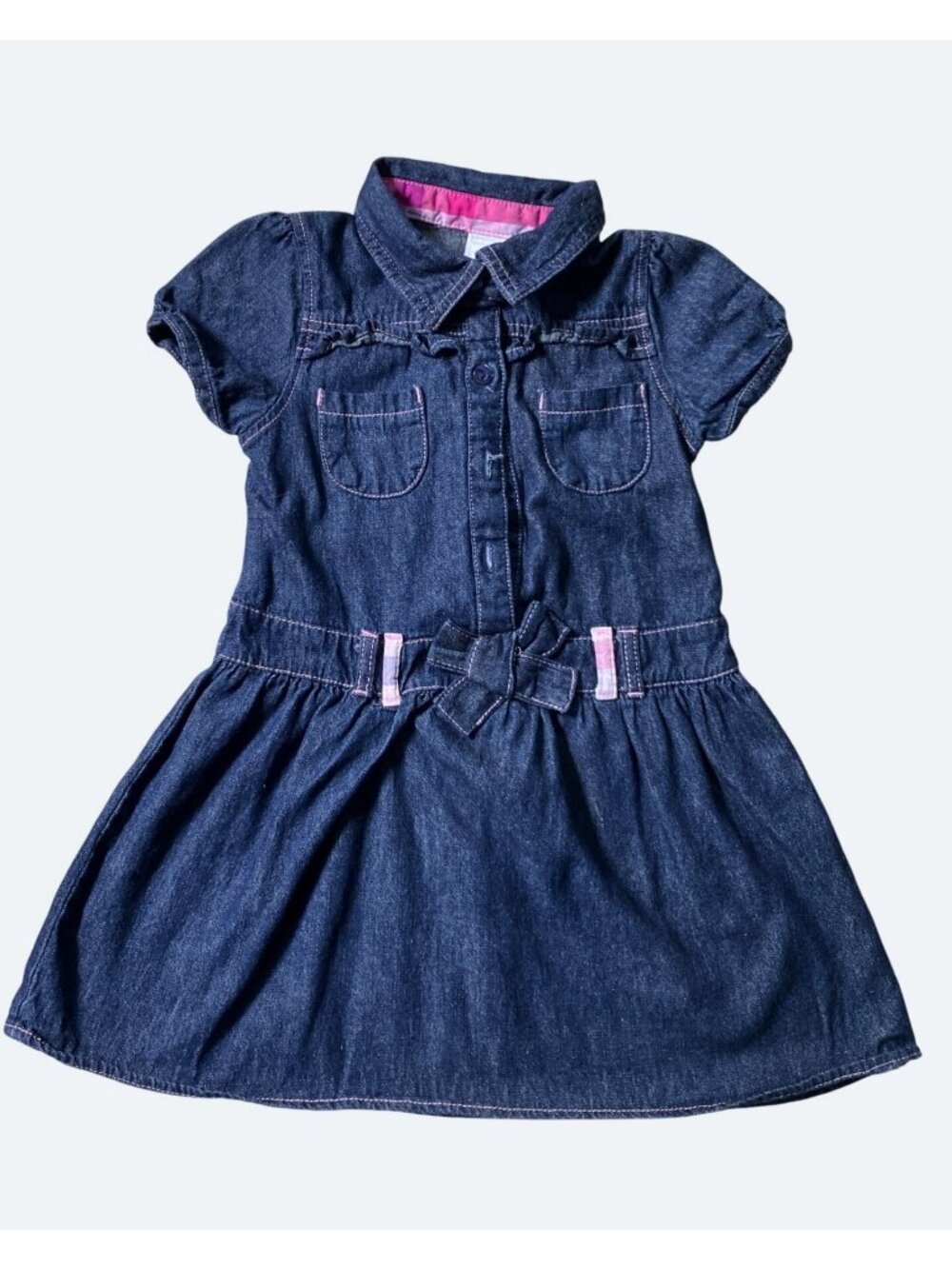 Wonder Kids Girls Denim Dress Pink Accents Button Front Short Sleeves Size 4T